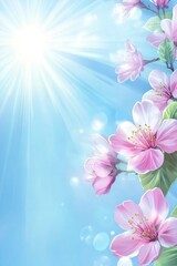 Spring blossoms against a blue sky with shiny sunbeam background
