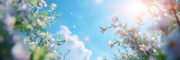 Spring blossoms against a blue sky with shiny sunbeam background