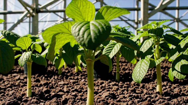 Young Green Crops Growing in Organized Rows on Farm, Overhead View of Healthy Seedlings