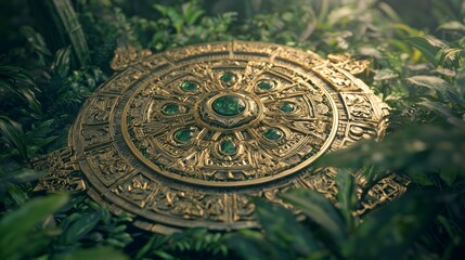 Fototapeta premium Mystical Atlantean Artifact Amid Lush Greenery: A Photorealistic Showcase of Intricate Designs and Precious Stones