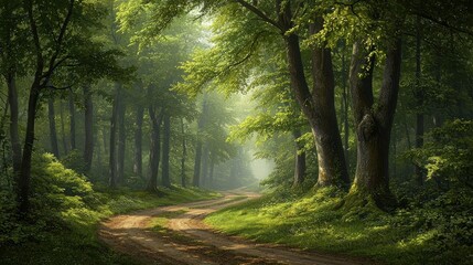 Fototapeta premium Sunlit forest path winds through misty trees.