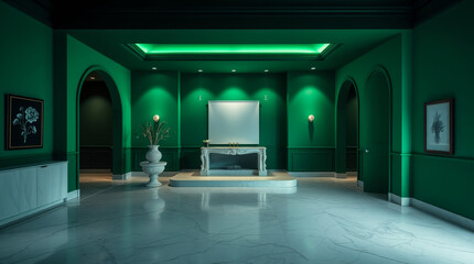 Gradient green room with walls transitioning from mint to emerald, white marble flooring, and minimalist accents for a fresh and modern luxury setting.