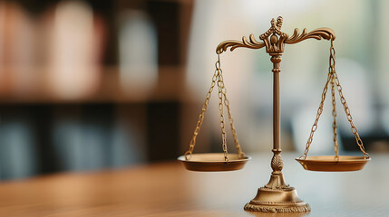 bronze scale of justice symbolizes fairness and balance in legal system, set against blurred background of library or office