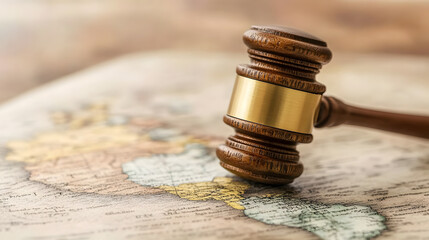 wooden gavel rests on map, symbolizing justice and legal authority. This represents intersection of law and geography, highlighting importance of jurisdiction