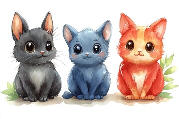 Three adorable cartoon-style kittens in various colors, sitting cutely with expressive eyes.