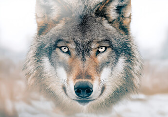 Close up of wolf face, showcasing intense eyes and fur details. image captures wild essence and beauty of this majestic animal in serene environment