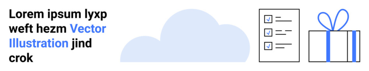 Cloud graphic with text, checklist, and gift icon. Ideal for technology promotions, task management tools, e-commerce, digital storage solutions, productivity apps, holiday sales online services
