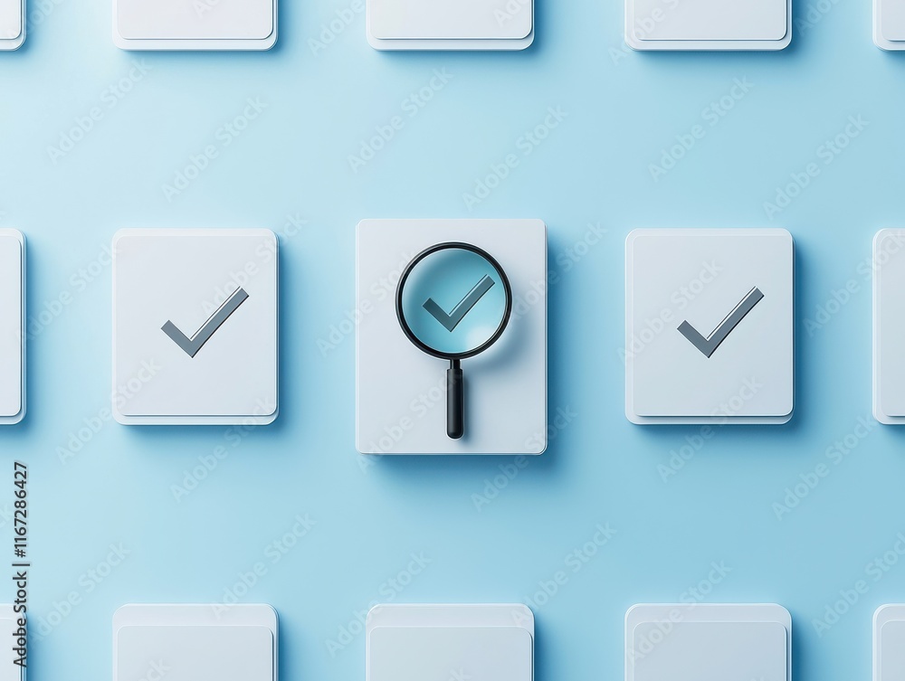 Poster magnifying glass on a checklist icon against a blue background signifying selection, confirmation, a