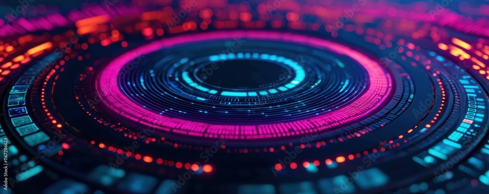 Poster abstract digital design with circular patterns and bright colors, featuring blue and pink neon light