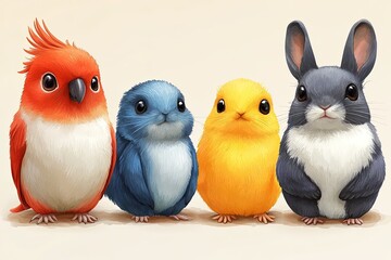 A colorful illustration of four cute, cartoon-style animals a bird, two small creatures, and a rabbit.