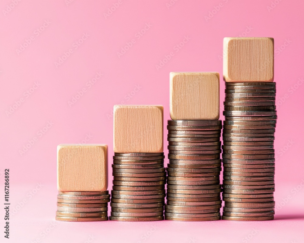 Poster stack of coins with wooden blocks representing growth and progress on a pink background, ideal for f