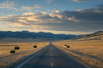 Fototapeta premium Scenic Highway Journey Through Bison Grasslands and Mountains