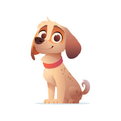 Happy Beagle dog, sitting. Brown fur with darker brown spots, expressive eyes, floppy ears. Red collar. Playful and friendly. Pet lovers concept. Isolated background. Flat cartoon vector illustration