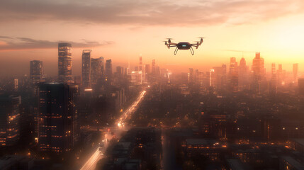 drone hovers over sprawling futuristic city at sunset, showcasing glowing skyscrapers and vibrant city lights. scene captures blend of technology and urban life