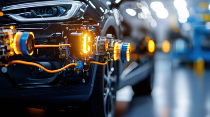 High tech automotive performance testing with detailed components and bright lights. image showcases advanced engineering and innovation in vehicle technology