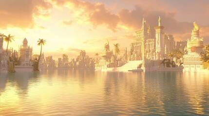 Obraz premium Golden Sunrise at Atlantis - Photorealistic View of Majestic Structures in Calm Waters