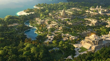 Naklejka premium Golden Sunlight Over Ancient Atlantis: Aerial View of Colossal Temples and Lush Gardens in Photorealistic Detail