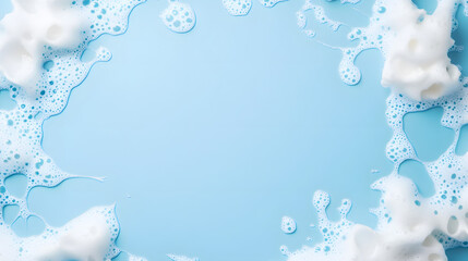 White foam cream texture, soap bubble or cosmetic gel clean foam isolated on blue background with copy space