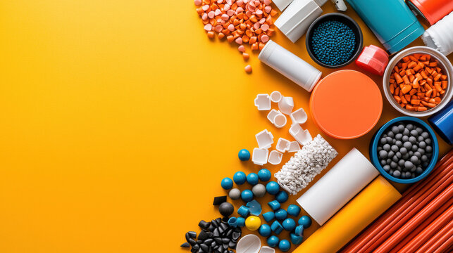 Colorful assortment of materials including plastic, beads, and containers on bright yellow background, showcasing variety of shapes and textures for creative projects