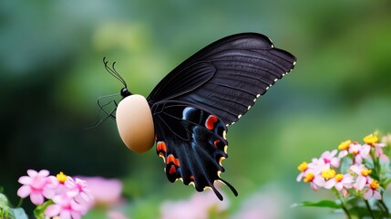 Fototapeta premium A butterfly with an egg, resting on vibrant flowers.