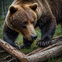 Obraz premium Highlight the claws of a bear gripping a log.