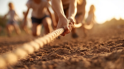 Tug war competition with rope. Hands pulling rope together, teamwork concept.