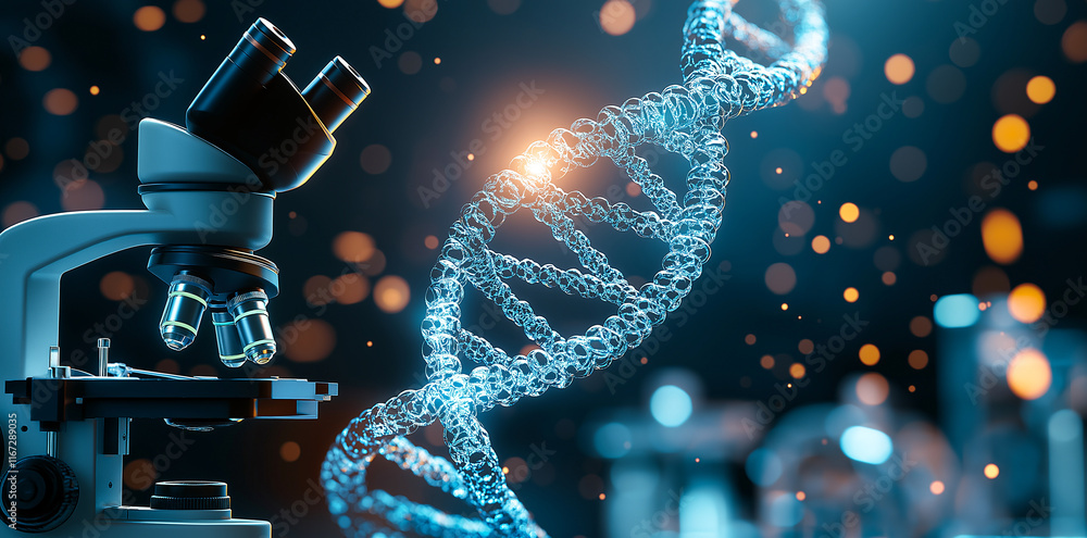 Poster digital representation of dna double helix with microscope in foreground, symbolizing scientific res