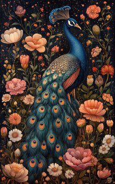 Peacock in Ornate Mughal Garden Illustration for Wedding Invitation with Arch and Palace on Dark Blue Background