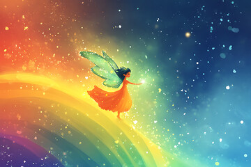 Naklejka premium A whimsical fairy dances on a vibrant rainbow, surrounded by sparkling lights and colors.