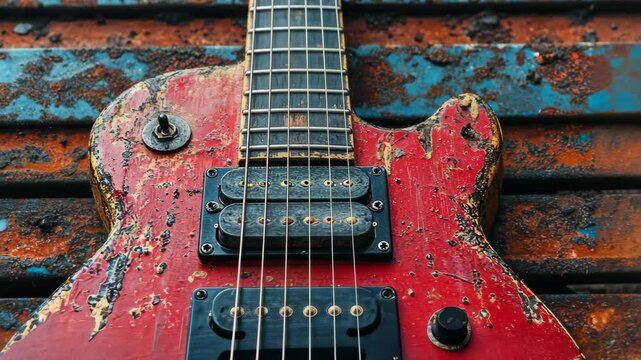 Vintage electric guitar resting on a rustic metal surface with vibrant colors and noticeable wear from years of use
