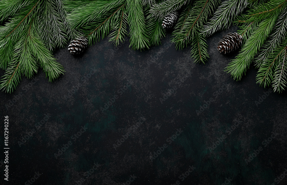 Poster lush fir tree branches with pine cones on dark background create serene and festive atmosphere, perf