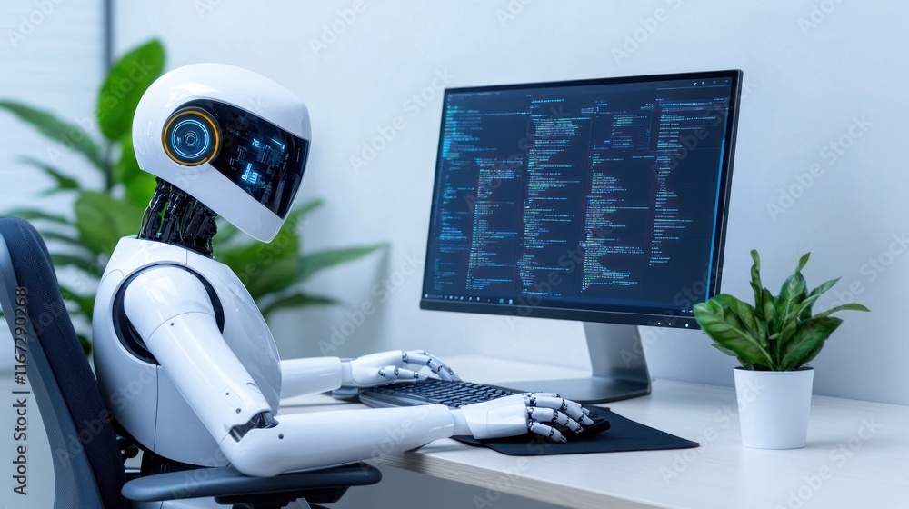 Poster a robot programming at a computer desk with a plant nearby.