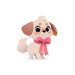 Cute Pekingese dog with fluffy tail and floppy ears. Pink ribbon bow with star patterns around its neck. Playful and friendly. Pet lovers concept. Isolated background. Flat cartoon vector illustration