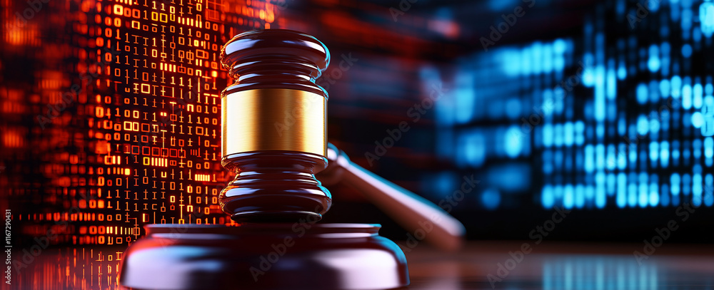 Poster gavel rests on reflective surface with digital data background, symbolizing intersection of law and 