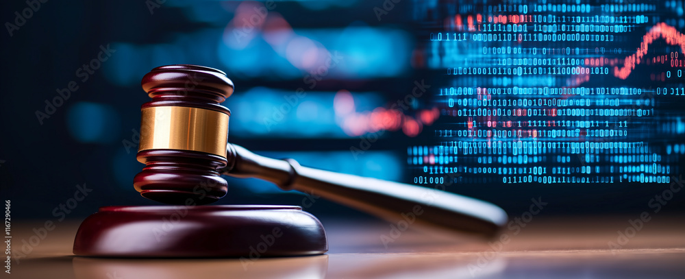 Poster gavel rests on wooden surface, symbolizing justice and law, with digital data background showcasing 
