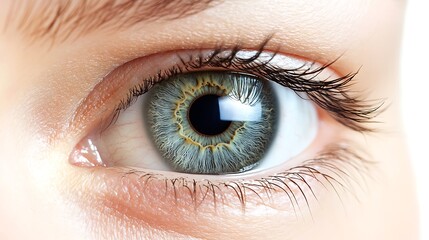 Fototapeta premium Close-up of a human eye with green iris, showing detail of eyelashes and surrounding skin.