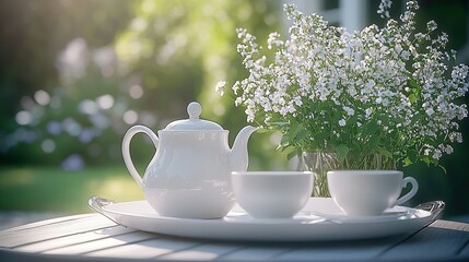 Tea time in sunny garden with white teapot, cups, flowers, blurred background.