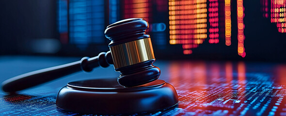 gavel rests on digital data background, symbolizing justice and technology. vibrant colors of data visualization enhance modern legal theme, creating striking visual impact