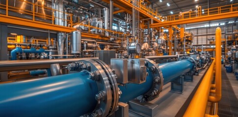 large industrial plant featuring blue and yellow pipes, showcasing complex machinery and equipment. vibrant colors and intricate design create dynamic atmosphere