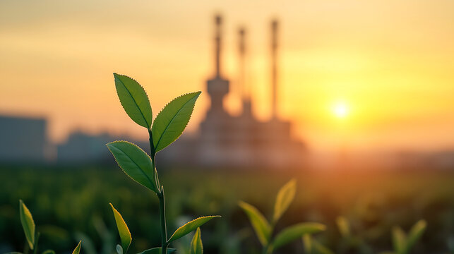 Fresh green tea leaves in front of factory at sunset, showcasing nature beauty and industrial backdrop. vibrant colors create serene atmosphere
