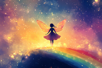 Naklejka premium A colorful fantasy scene featuring a fairy with wings standing on a rainbow against a starry sky.