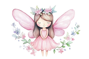 A whimsical fairy with pink wings and a floral crown, surrounded by delicate flowers.