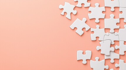 A collection of scattered white puzzle pieces on a soft peach background, creating a minimalist and artistic aesthetic.