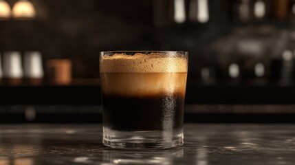 Close-up of a layered espresso drink with crema in a rocks glass on a bar counter.