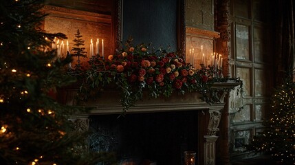 comforting winter mantelpiece featuring a Chrysanthemum arrangement alongside candles and evergreens, symbolizing longevity and peace. Chrysanthemum 