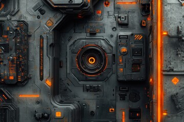 Close up of a metallic object with orange and black colors