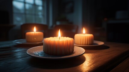 Three lit candles on plates, rustic table, dark room, evening window view.