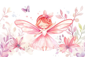 A whimsical fairy with pink wings surrounded by flowers and a butterfly, evoking enchantment.