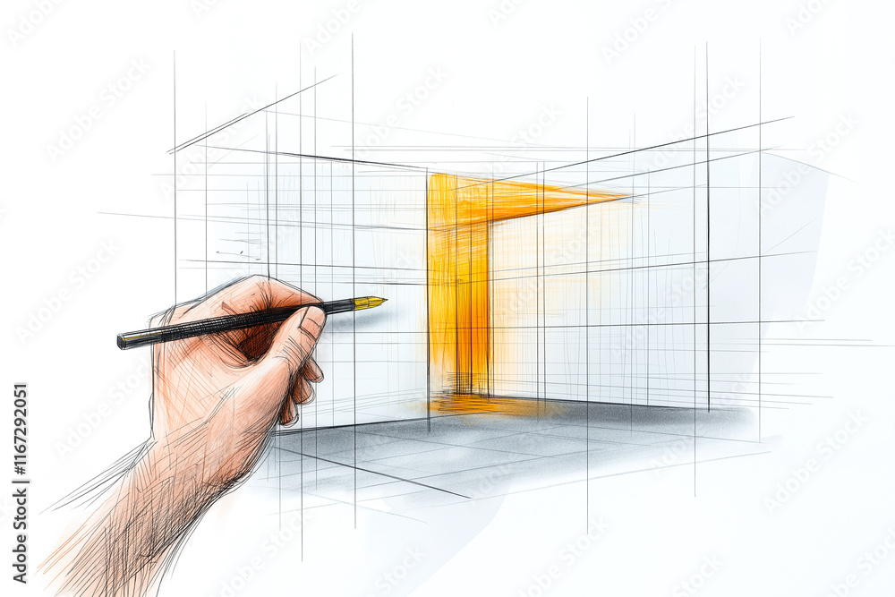Poster hand drawn illustration of modern architectural sketch showing doorway with warm orange hue. design 