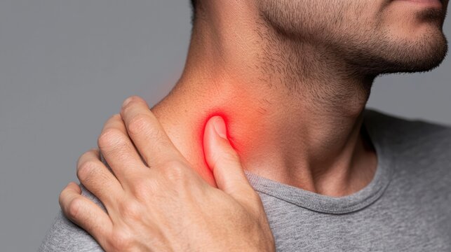 close up of man gripping his shoulder, indicating discomfort in neck area. image captures moment of tension and pain relief, highlighting human experience of physical strain